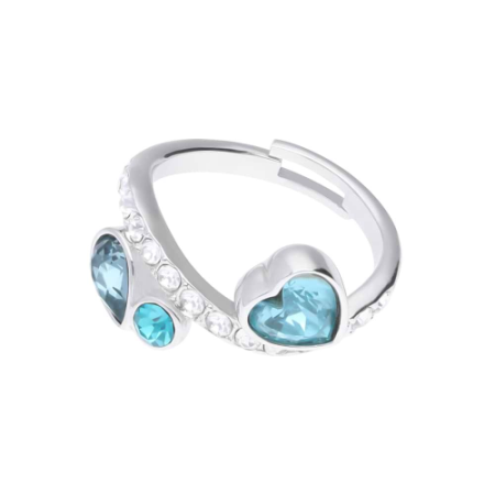 STROILI - Anello regolabile in metallo rodiato con cuore pietre azzurre e strass