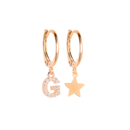 VERSARI - Orecchino con ciondolo iniziale E pavé e orecchino con stellina galvanica oro giallo
