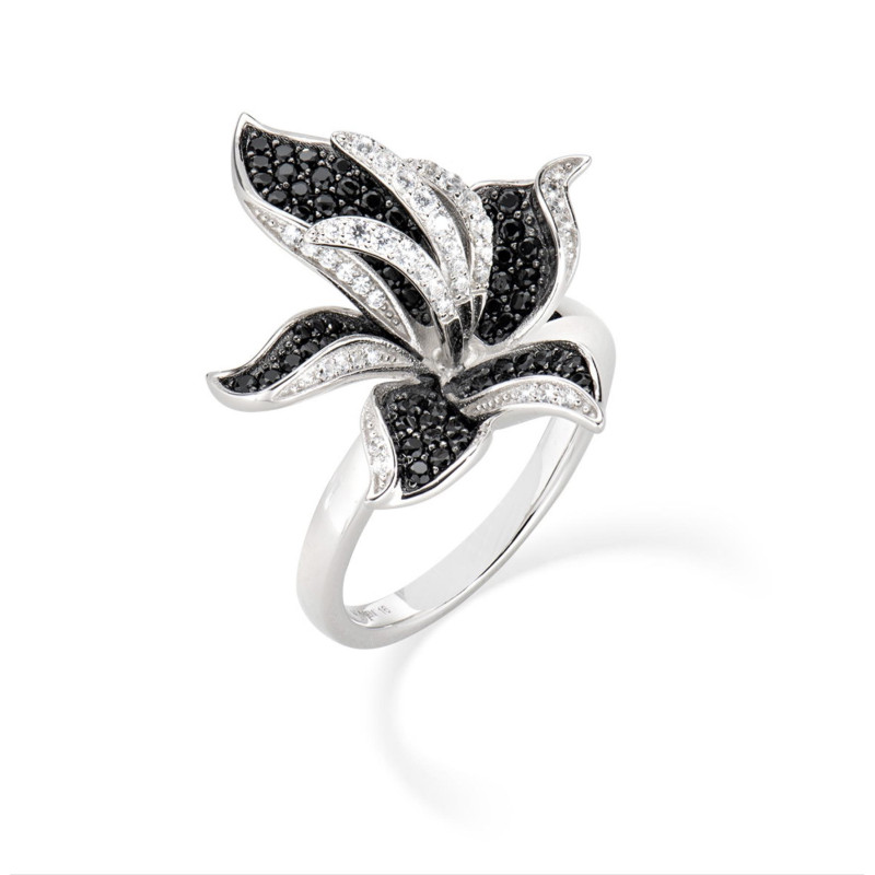 Amen - Anello Orchidea Zirconi Bianchi e Neri