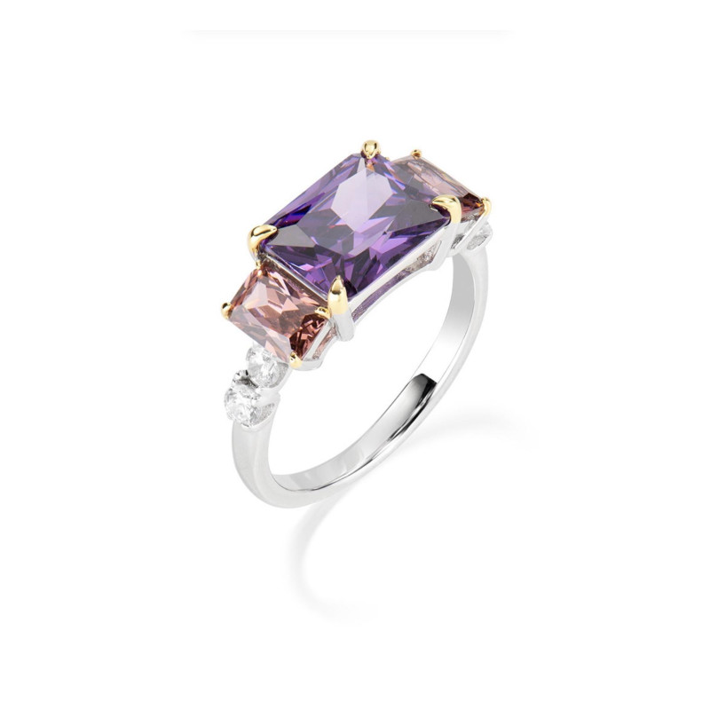 Amen  Anello Cocktail Rodio Zirconi Viola Brown e Bianchi