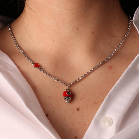 BYSIMON -  Collana in Metallo con cuore rosso e campanella portafortuna e cristalli bianchi 2
