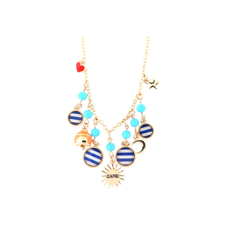 BYSIMON - Collana in Metallo in stile marino, con sole scritta Capri, campanella e luna