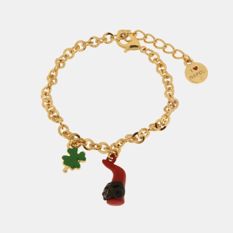 BySimon  -  Bracciale in Metallo con cornetto portafortuna in smalto rosso e quadrifoglio