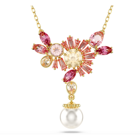 SWAROVSKI - Collana con Pendente Gema Taglio misto, Crystal Pearl, Fiore, Rosa, Placcato color oro