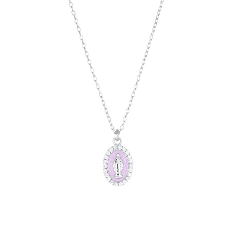 AMEN - Collana Rodiata mini Medaglia Miracolosa smaltata Rosa Perla