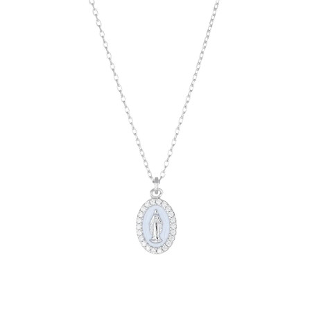 AMEN - Collana mini Medaglia Miracolosa Rodiata smaltata Bianco Perla
