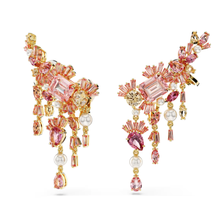 SWAROVSKI - Orecchini a clip Gema Taglio misto, Chandelier, Fiore, Rosa, Placcato color oro