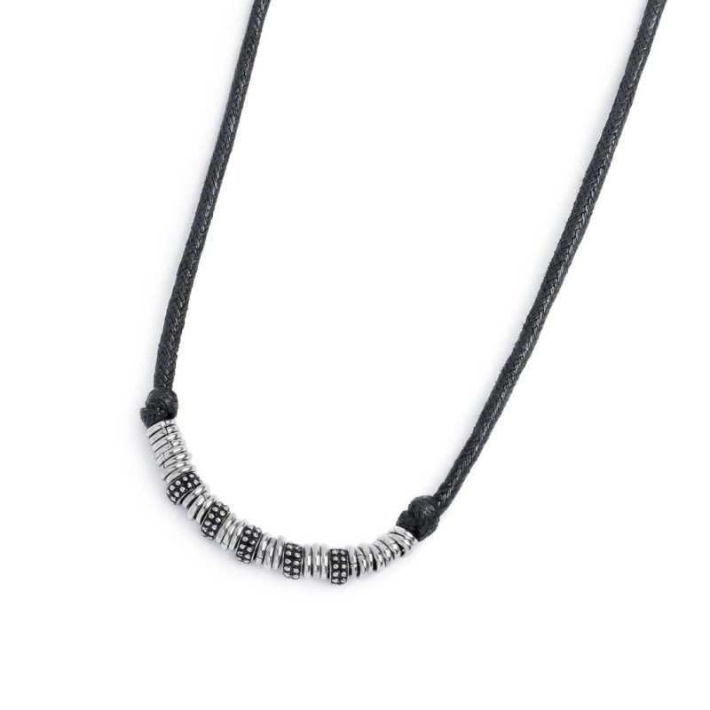 Marlù   Collana cordino strobel elementi in acciaio con trama puntinata in black oil