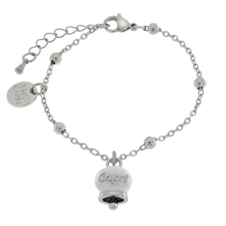 BYSIMON   Bracciale in Acciaio con campanella pendente bianca con scritta Capri