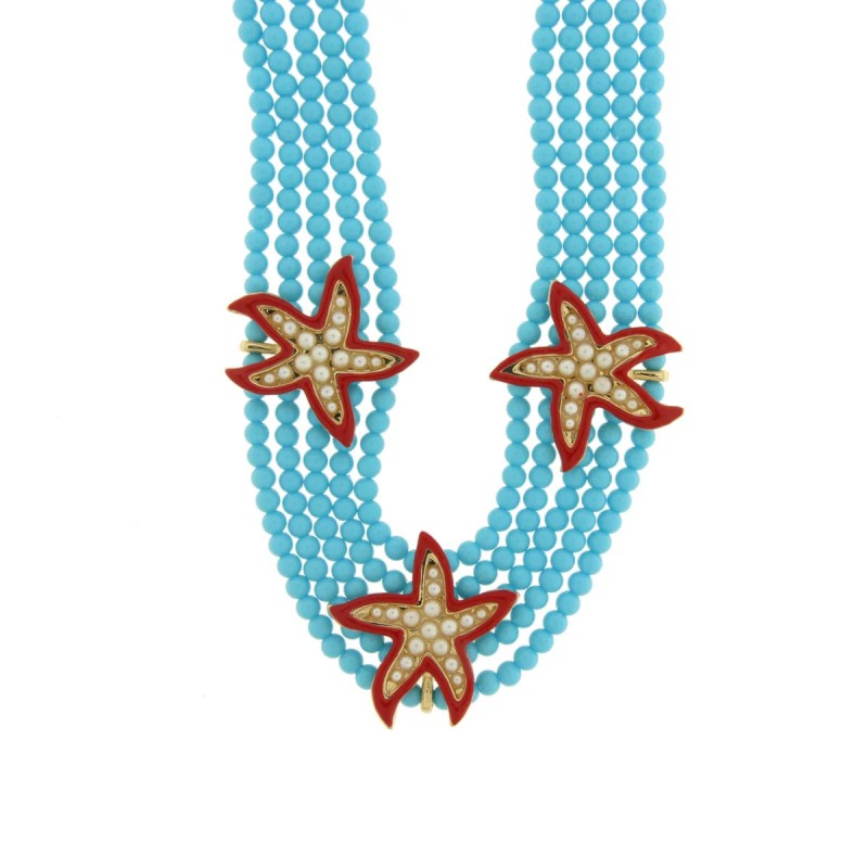 BySimon -  Collana in Metallo multifilo turchesi con stelle marine rosse