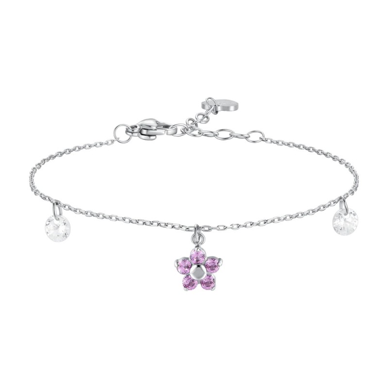 LUCA BARRA  - BRACCIALE DONNA IN ACCIAIO CON PENDENTE FIORE E PETALI ZIRCONE ROSA
