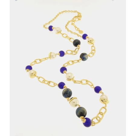 BySimon -  Collana in Metallo con perle nera , bianca e blu