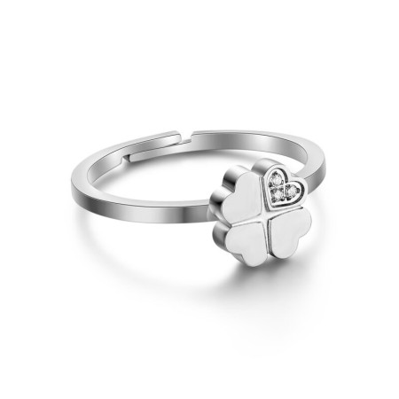 BRAND  Anello Quadrifoglio Acciaio con Cristalli Bianchi