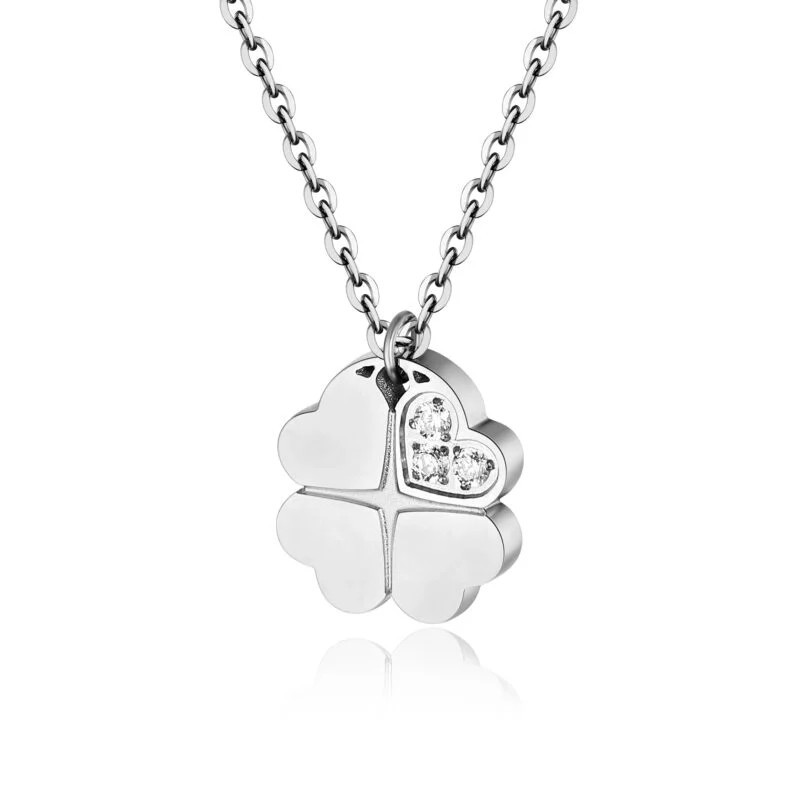 BRAND  Collana Quadrifoglio Acciaio con Cristalli Bianchi