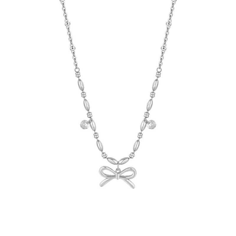 LUCA BARRA  -  COLLANA DONNA IN ACCIAIO CON FIOCCO E ZIRCONI BIANCHI