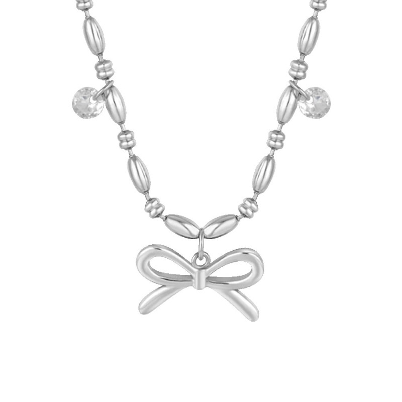 LUCA BARRA  -  COLLANA DONNA IN ACCIAIO CON FIOCCO E ZIRCONI BIANCHI
