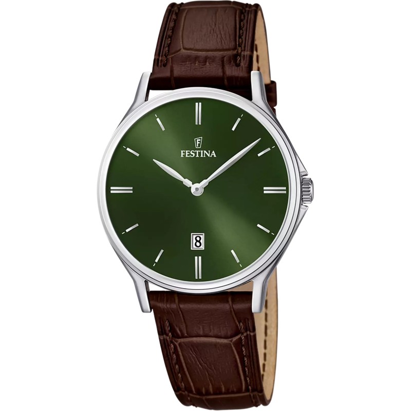 FESTINA    OROLOGIO VERDE CINTURINO IN PELLE MARRONE , UOMO