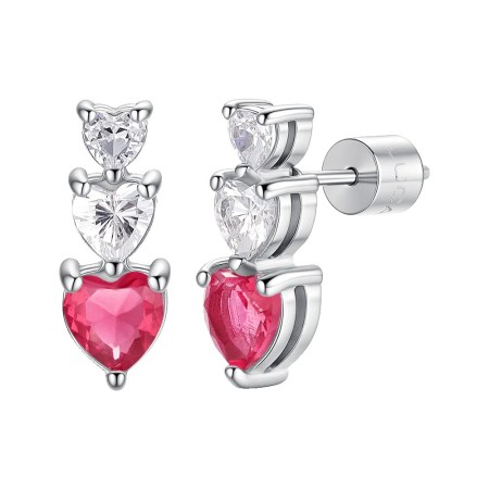 LUCA BARRA  -  ORECCHINO MONO DONNA IN ACCIAIO CON CUORI CON ZIRCONI BIANCHI E ROSSI