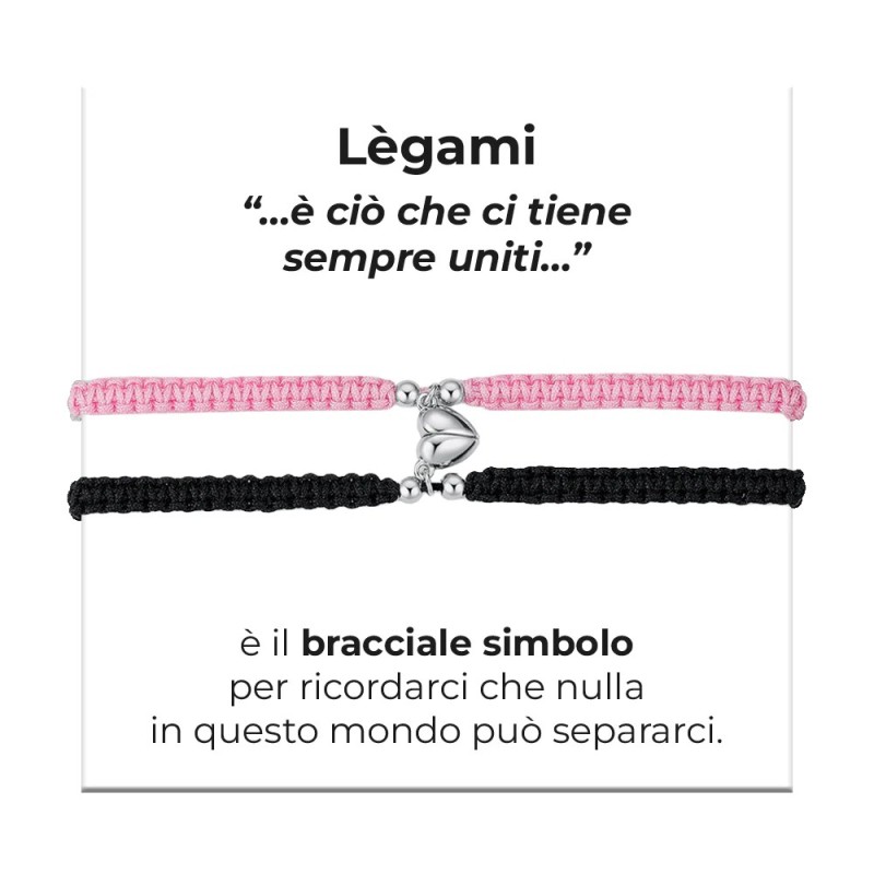 LUCA BARRA  -  BRACCIALI DONNA E UOMO IN CORDA COREANA ROSA E NERA CON CUORE CALAMITATO