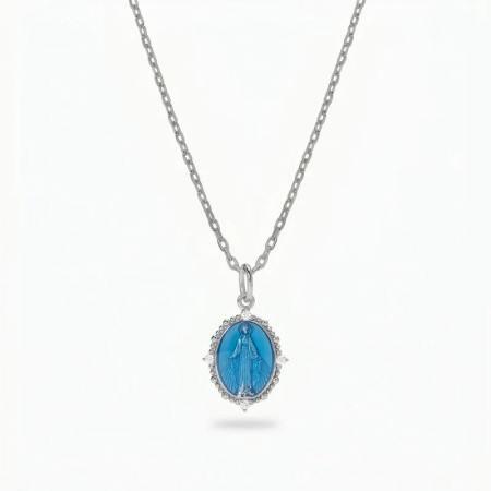 Amen  -  Collana Medaglia Miracolosa in Argento con Smalto blu e Zirconi