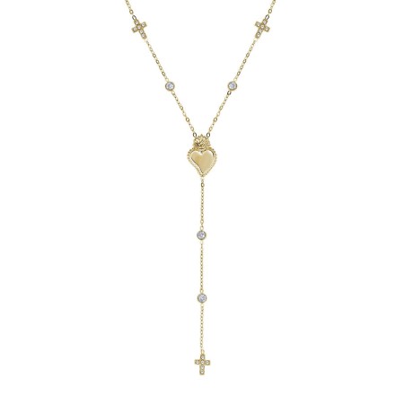 Amen  -  Collana Sacro Cuore in Acciaio Dorato con Croci e Zirconi Bianchi
